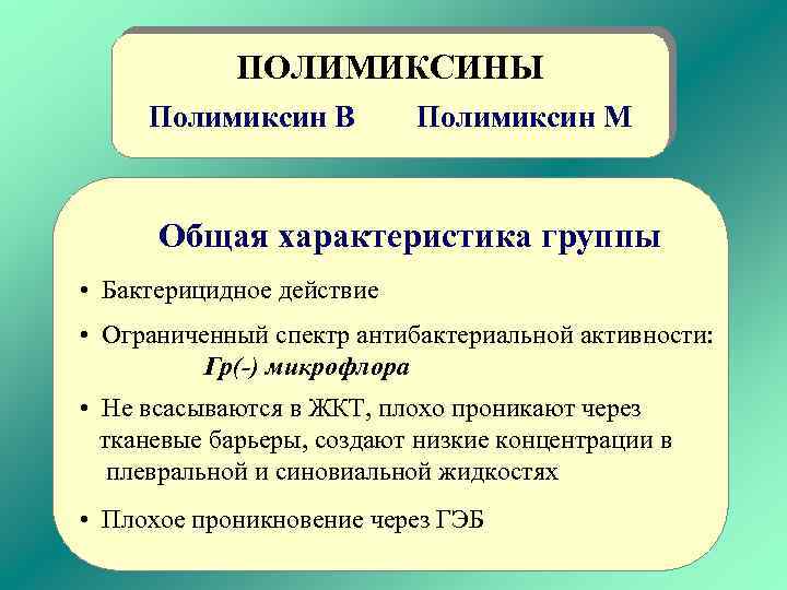 ПОЛИМИКСИНЫ Полимиксин В Полимиксин М Общая характеристика группы • Бактерицидное действие • Ограниченный спектр