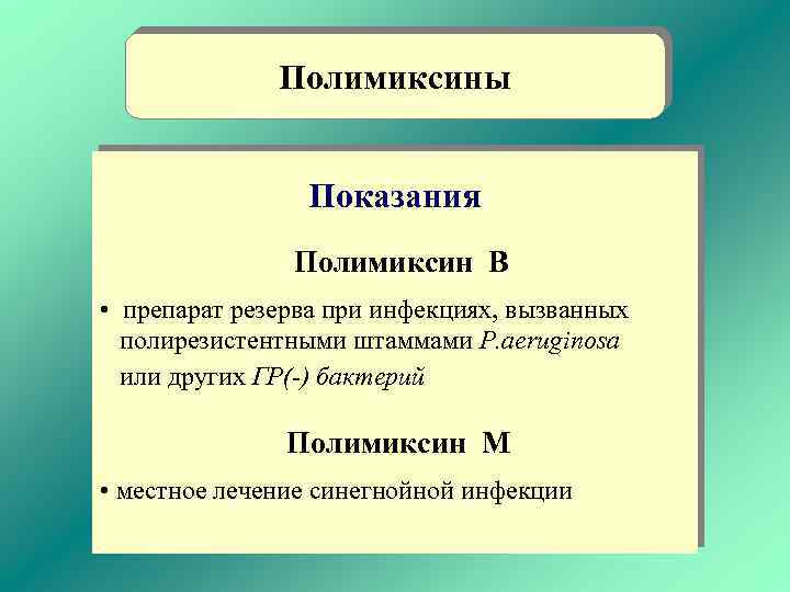 Полимиксины Показания Полимиксин В • препарат резерва при инфекциях, вызванных полирезистентными штаммами P. aeruginosa