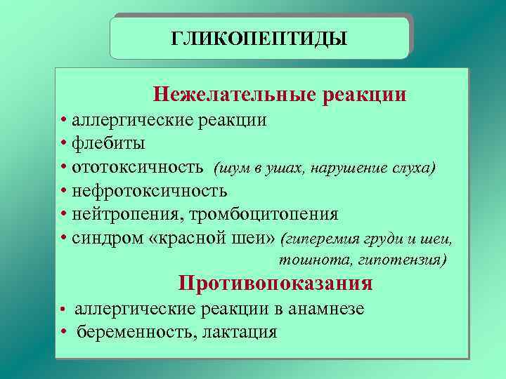 ГЛИКОПЕПТИДЫ Нежелательные реакции • аллергические реакции • флебиты • ототоксичность (шум в ушах, нарушение