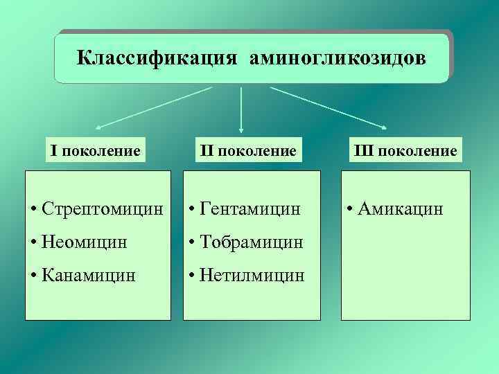 Классификация аминогликозидов I поколение II поколение • Стрептомицин • Гентамицин • Неомицин • Тобрамицин