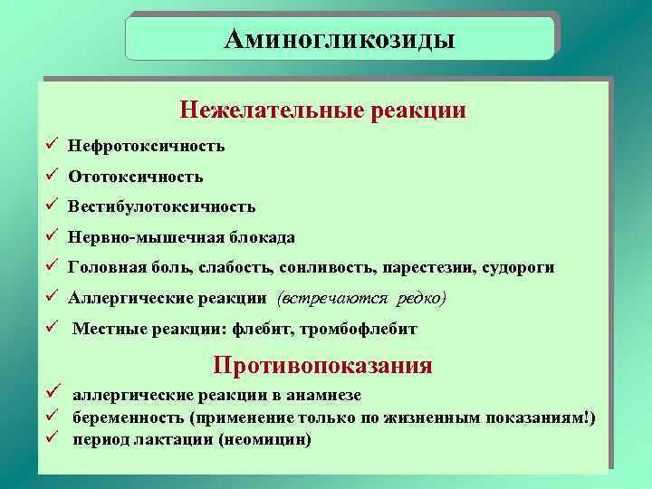 Аминогликозиды Нежелательные реакции ü Нефротоксичность ü Ототоксичность ü Вестибулотоксичность ü Нервно-мышечная блокада ü Головная