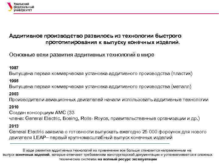Аддитивное производство развилось из технологии быстрого прототипирования к выпуску конечных изделий. Основные вехи развития