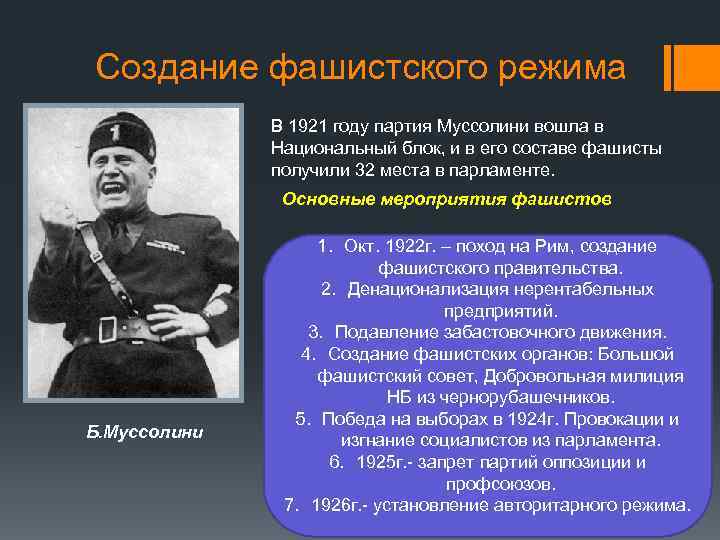 Создание фашистского режима В 1921 году партия Муссолини вошла в Национальный блок, и в