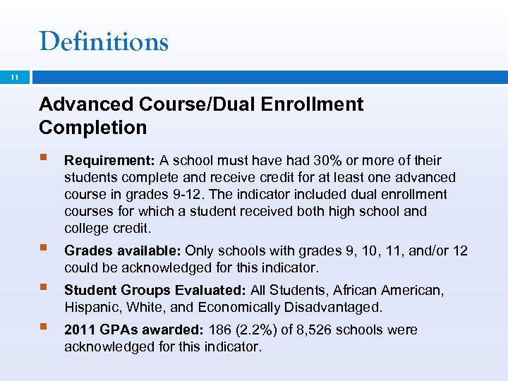 Definitions 11 Advanced Course/Dual Enrollment Completion § Requirement: A school must have had 30%