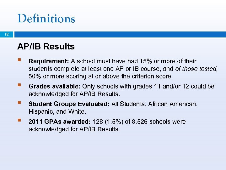 Definitions 12 AP/IB Results § Requirement: A school must have had 15% or more