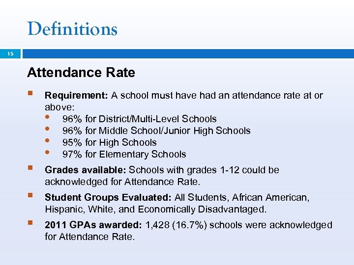 Definitions 15 Attendance Rate § § Requirement: A school must have had an attendance