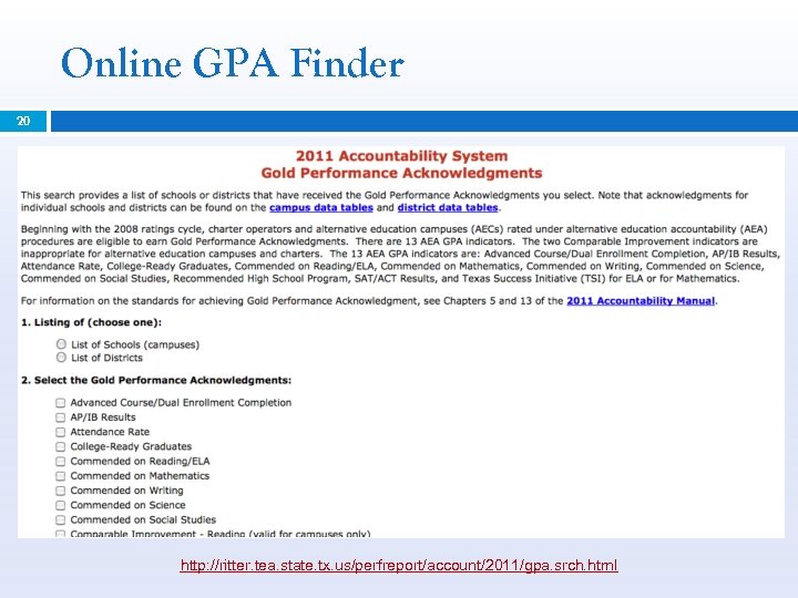 Online GPA Finder 20 http: //ritter. tea. state. tx. us/perfreport/account/2011/gpa. srch. html 