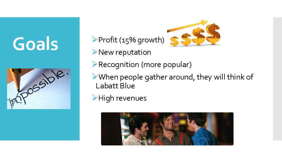 Goals ØProfit (15% growth) ØNew reputation ØRecognition (more popular) ØWhen people gather around, they