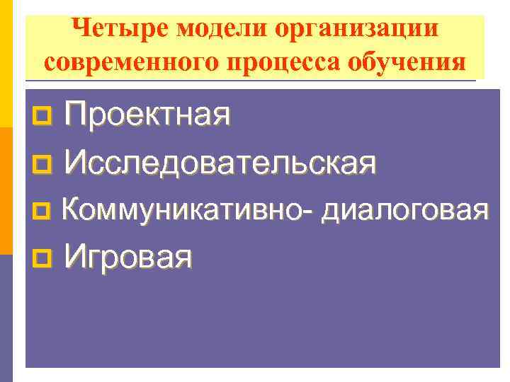 Четыре модели организации современного процесса обучения Проектная p Исследовательская p p Коммуникативно- диалоговая p
