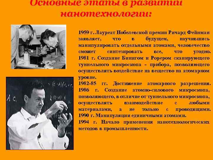Основные этапы в развитии нанотехнологии: 1959 г. Лауреат Нобелевской премии Ричард Фейнман заявляет, что