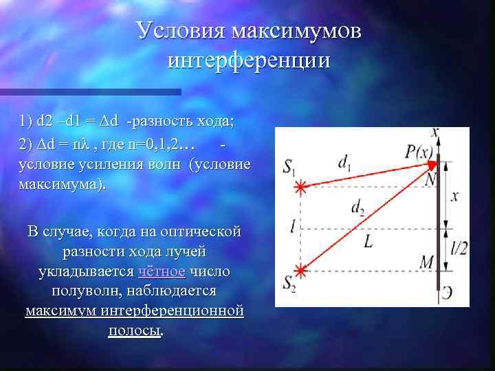 Условия максимумов интерференции 1) d 2 –d 1 = Δd -разность хода; 2) Δd