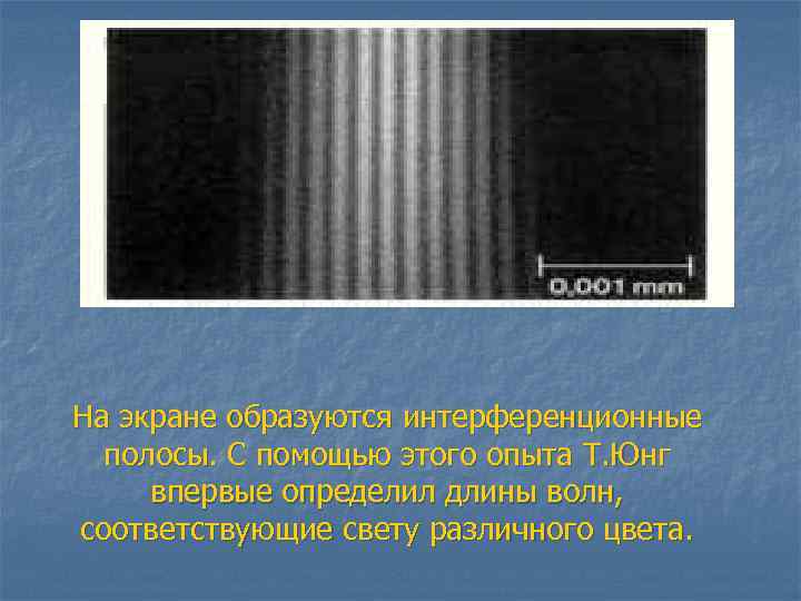 На экране образуются интерференционные полосы. С помощью этого опыта Т. Юнг впервые определил длины