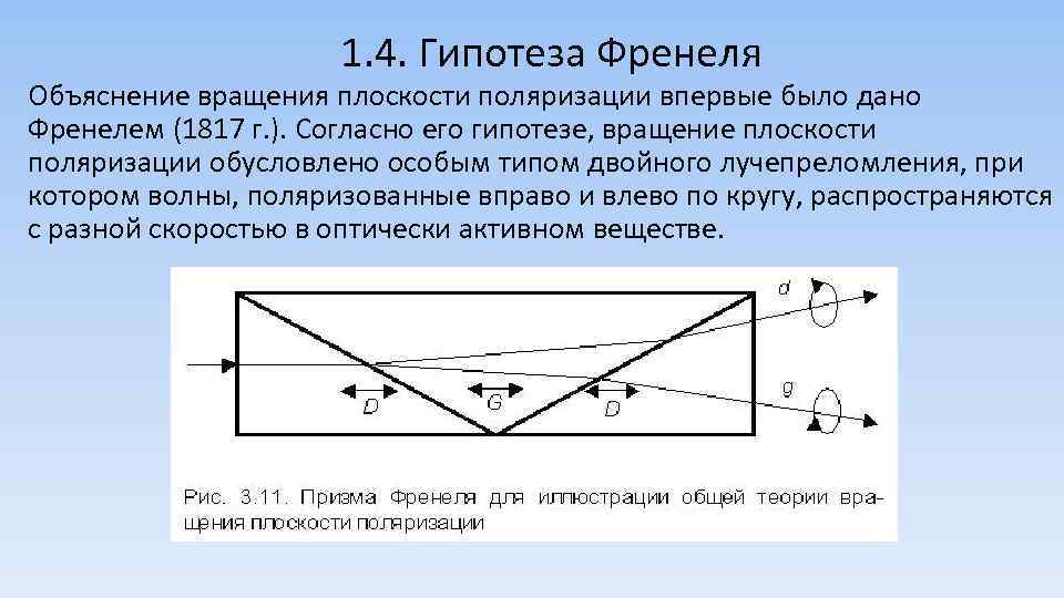 1. 4. Гипотеза Френеля Объяснение вращения плоскости поляризации впервые было дано Френелем (1817 г.