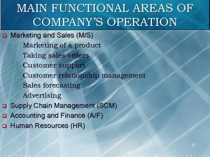 MAIN FUNCTIONAL AREAS OF COMPANY’S OPERATION q q Marketing and Sales (M/S) ü Marketing