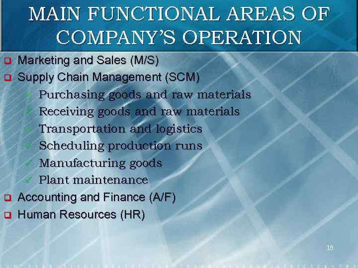 MAIN FUNCTIONAL AREAS OF COMPANY’S OPERATION q q Marketing and Sales (M/S) Supply Chain