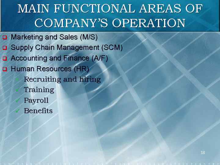 MAIN FUNCTIONAL AREAS OF COMPANY’S OPERATION q q Marketing and Sales (M/S) Supply Chain