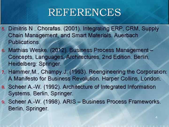 REFERENCES 5. 6. 7. 8. 9. Dimitris N. Chorafas. (2001). Integrating ERP, CRM, Supply