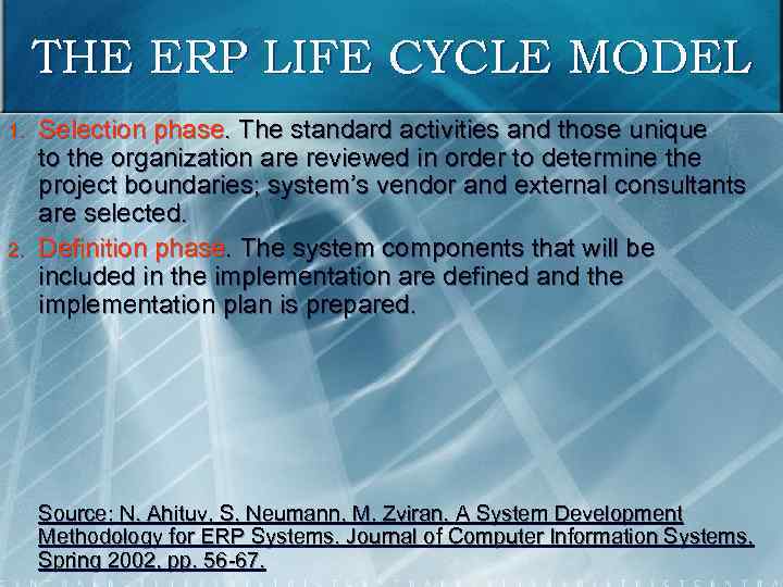 THE ERP LIFE CYCLE MODEL 1. 2. Selection phase. The standard activities and those