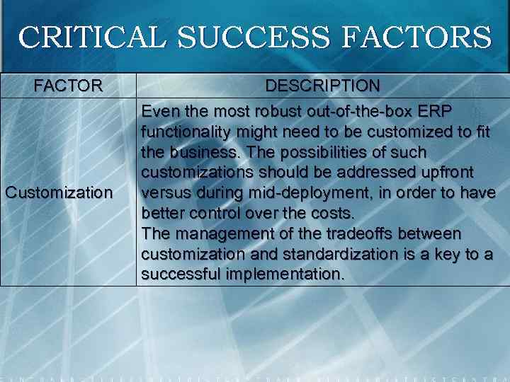CRITICAL SUCCESS FACTOR Customization DESCRIPTION Even the most robust out-of-the-box ERP functionality might need