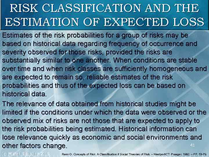 RISK CLASSIFICATION AND THE ESTIMATION OF EXPECTED LOSS Estimates of the risk probabilities for