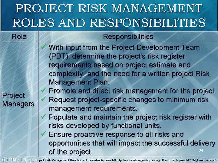 PROJECT RISK MANAGEMENT ROLES AND RESPONSIBILITIES Role ü ü Project ü Managers ü ü