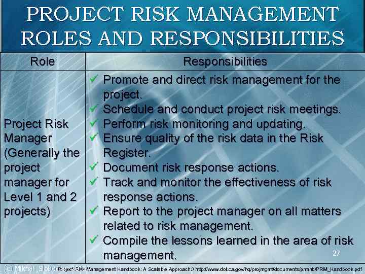 PROJECT RISK MANAGEMENT ROLES AND RESPONSIBILITIES Role ü ü Project Risk Manager (Generally the