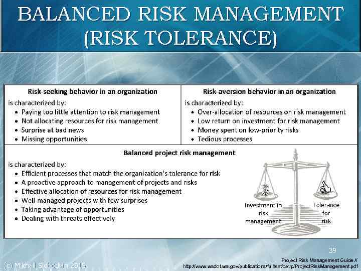 BALANCED RISK MANAGEMENT (RISK TOLERANCE) 39 (c) Mikhail Slobodian 2015 Project Risk Management Guide