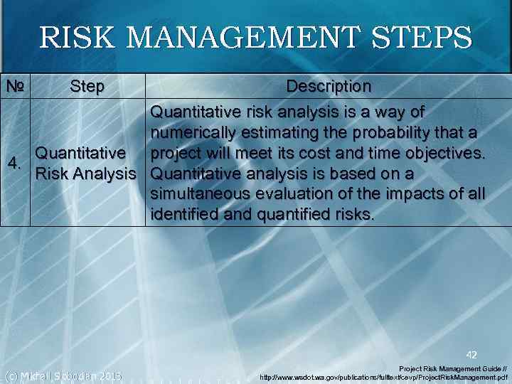 RISK MANAGEMENT STEPS № Step Description Quantitative risk analysis is a way of numerically