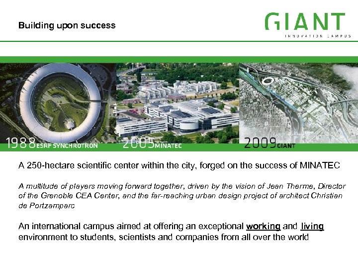 Building upon IRT MINATECsuccess A 250 -hectare scientific center within the city, forged on