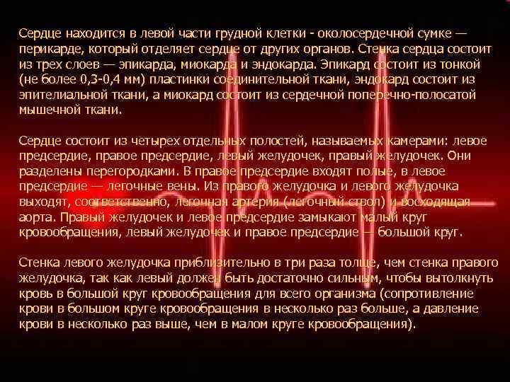 Сердце находится в левой части грудной клетки - околосердечной сумке — перикарде, который отделяет