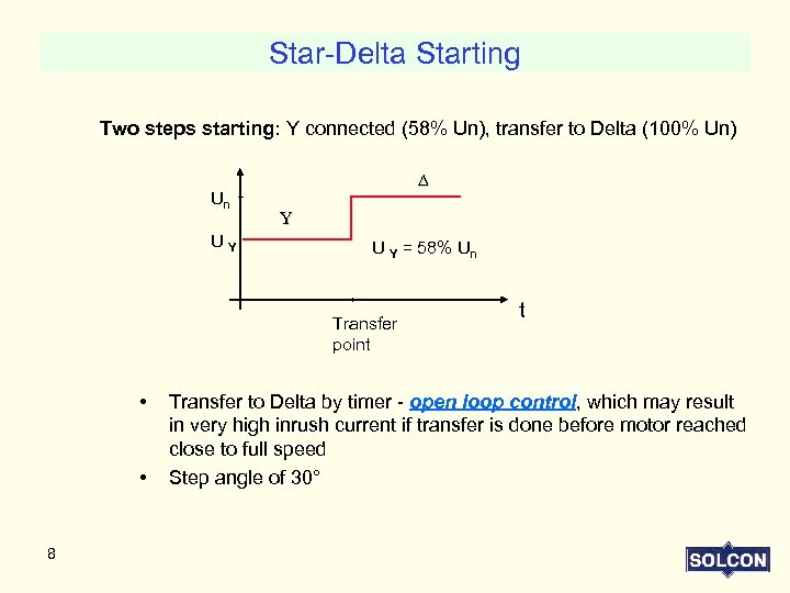 Star-Delta Starting Two steps starting: Y connected (58% Un), transfer to Delta (100% Un)