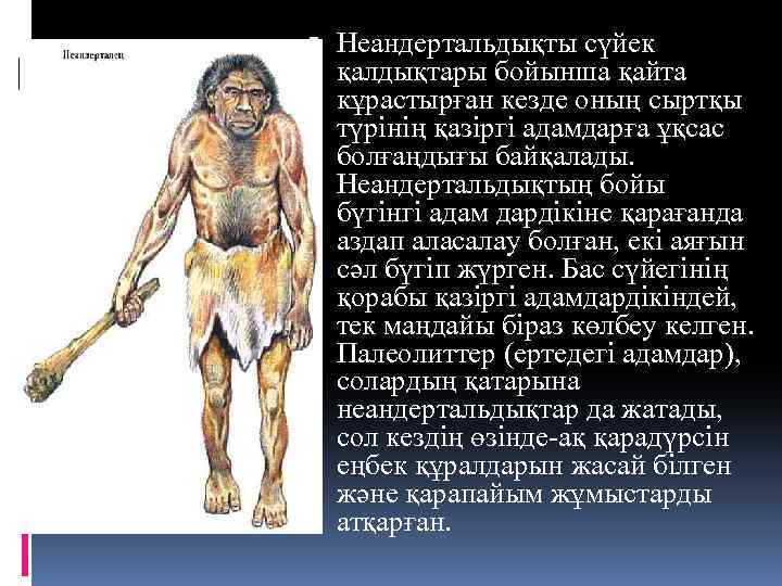  Неандертальдықты сүйек қалдықтары бойынша қайта кұрастырған кезде оның сыртқы түрінің қазіргі адамдарға ұқсас