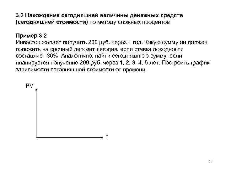 3. 2 Нахождение сегодняшней величины денежных средств (сегодняшней стоимости) по методу сложных процентов Пример
