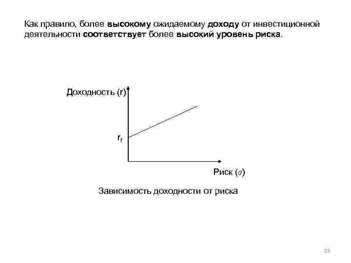 Как правило, более высокому ожидаемому доходу от инвестиционной деятельности соответствует более высокий уровень риска.