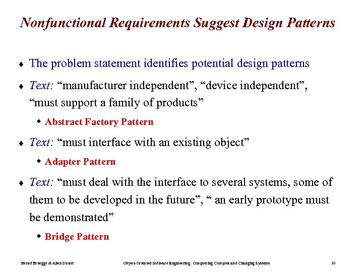 Nonfunctional Requirements Suggest Design Patterns ¨ The problem statement identifies potential design patterns ¨