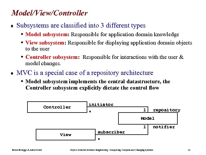 Model/View/Controller ¨ Subsystems are classified into 3 different types w Model subsystem: Responsible for