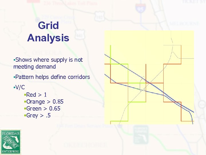 Grid Analysis §Shows where supply is not meeting demand §Pattern helps define corridors §V/C