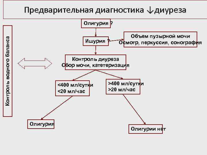 Предварительная диагностика ↓диуреза Контроль водного баланса Олигурия ? Ишурия ? Объем пузырной мочи Осмотр,