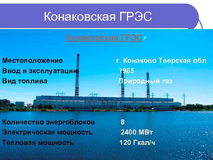 Конаковская ГРЭС Местоположение г. Конаково Тверская обл Ввод в эксплуатацию 1965 Вид топлива Природный