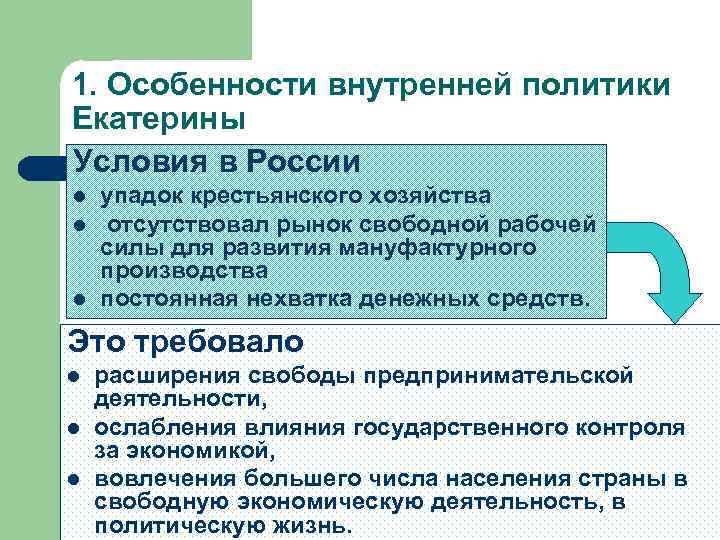 1. Особенности внутренней политики Екатерины Условия в России l l l упадок крестьянского хозяйства