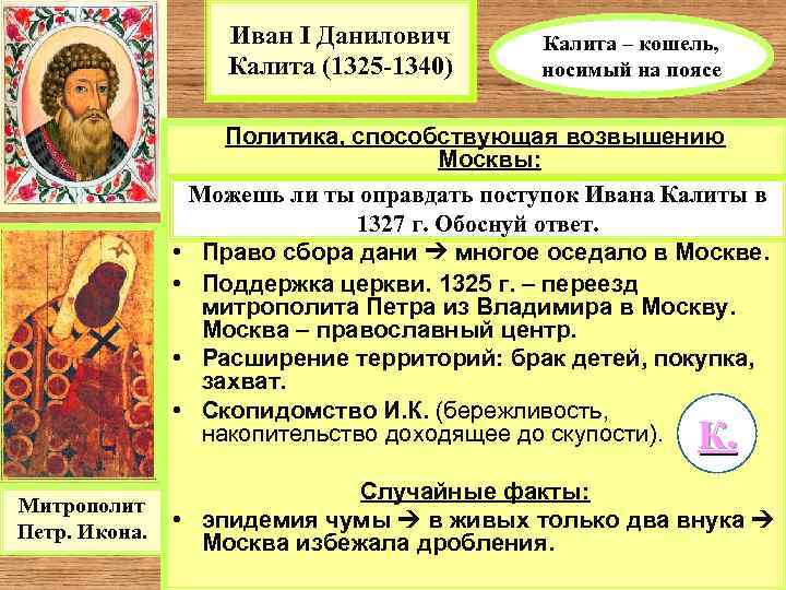 Иван I Данилович Калита (1325 -1340) • • • Митрополит Петр. Икона. Калита –