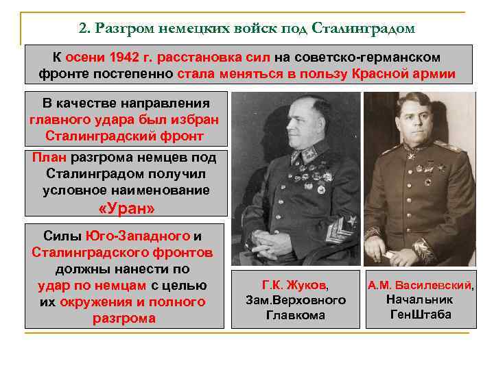 2. Разгром немецких войск под Сталинградом К осени 1942 г. расстановка сил на советско-германском