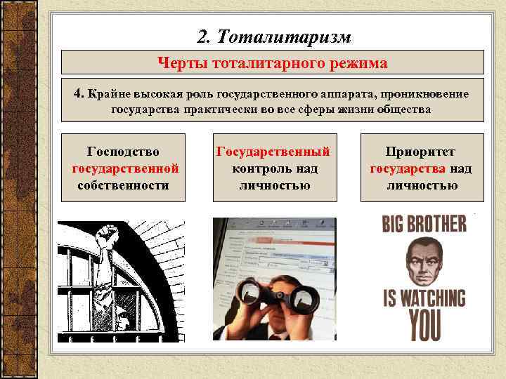 2. Тоталитаризм Черты тоталитарного режима 4. Крайне высокая роль государственного аппарата, проникновение государства практически