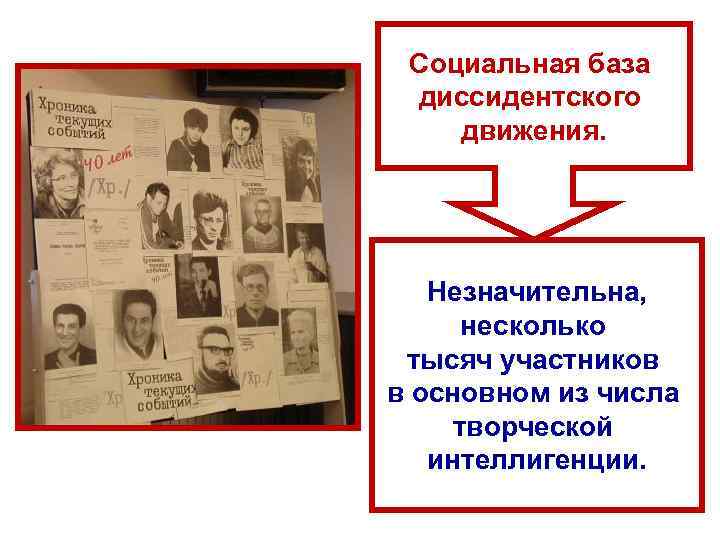 Социальная база диссидентского движения. Незначительна, несколько тысяч участников в основном из числа творческой интеллигенции.