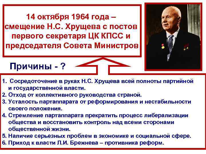 14 октября 1964 года – смещение Н. С. Хрущева с постов первого секретаря ЦК