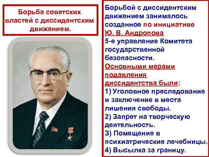 Борьба советских властей с диссидентским движением. Борьбой с диссидентским движением занималось созданное по инициативе