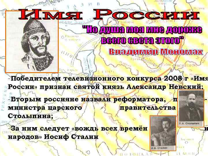 -Победителем телевизионного конкурса 2008 г «Имя России» признан святой князь Александр Невский; -Вторым россияне