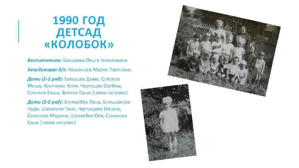 1990 ГОД ДЕТСАД «КОЛОБОК» Воспитатель: Бакшаева Ольга Николаевна Заведующая д/с: Касьянова Мария Павловна Дети