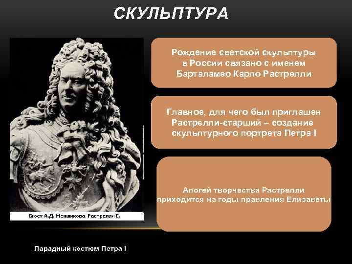 СКУЛЬПТУРА Рождение светской скульптуры в России связано с именем Барталамео Карло Растрелли Главное, для