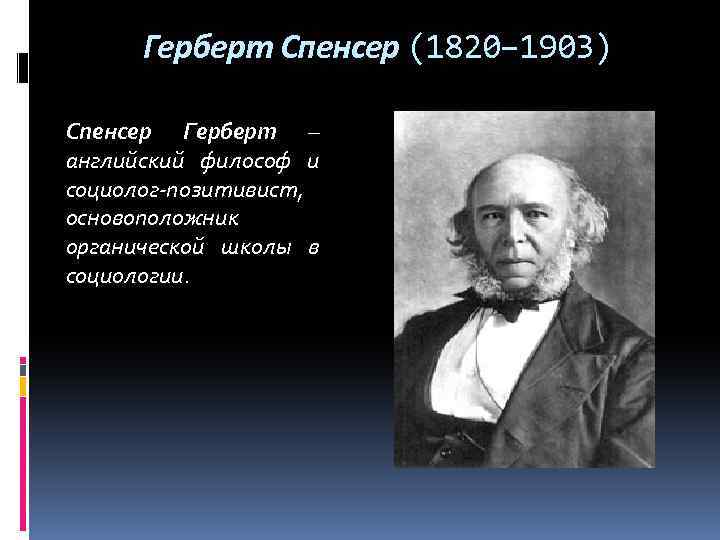 Крупнейший социолог. Герберт Спенсер (1820-1903). Г. Спенсер (1820—1903). Герберт Спенсер позитивист. Идеи Герберта Спенсера в философии.